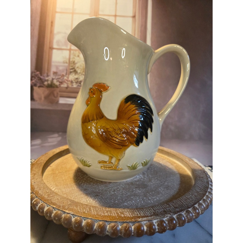 😎Vintage‎ 1982 Otagiri Rooster Farm Scene Ceramic Pitcher Cream Farmhouse Decor